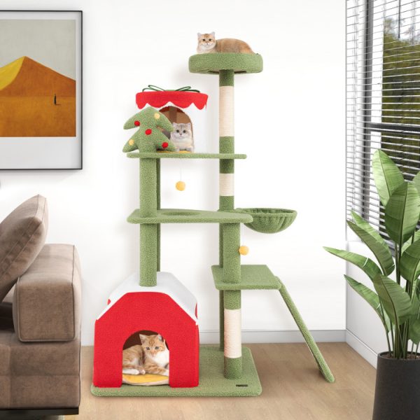 61 christmas cat tree with sisal scratching posts, gif box condo & house 12