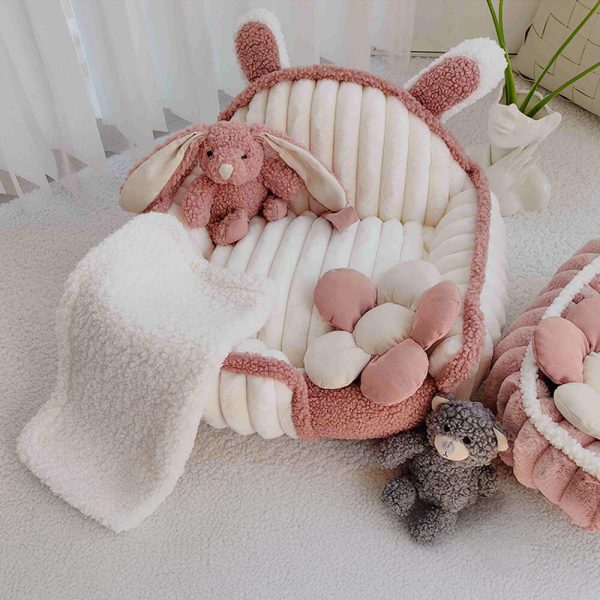cream pink fluffy cozy washable dog & cat sofa bed 16