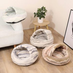 luxury marble striped cozy semi enclosed cave dog & cat bed 11