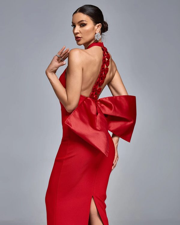 rema off shoulder maxi bandage dress in red 13