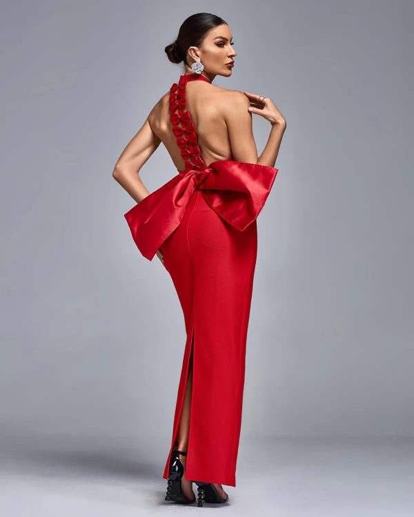 rema off shoulder maxi bandage dress in red 14