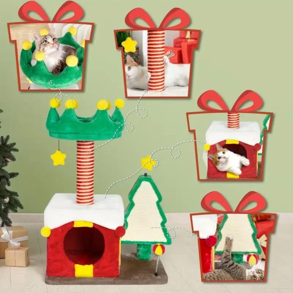 whimsical christmas cat tree with scratching post & spacious nest 13