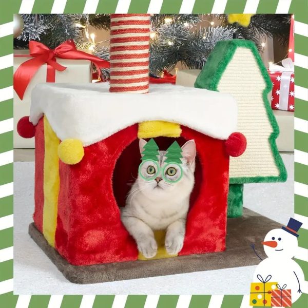 whimsical christmas cat tree with scratching post & spacious nest 14