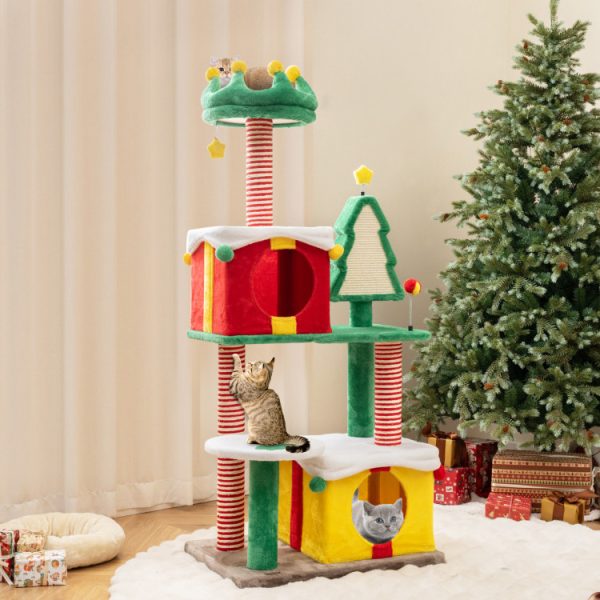 whimsical christmas cat tree with scratching post & spacious nest 17