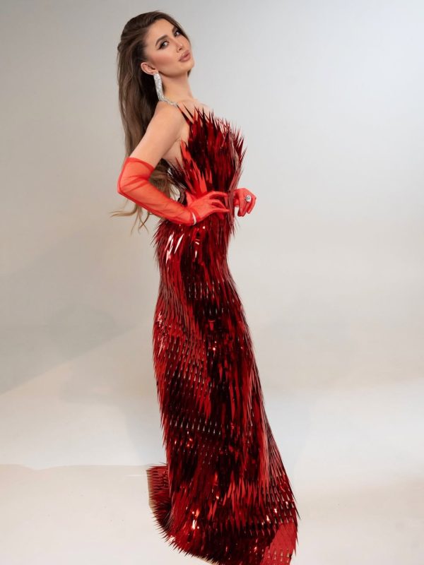 jimmie metal feather dress in red 18