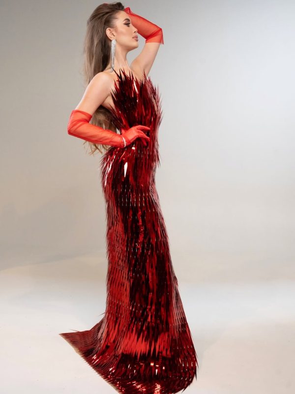 jimmie metal feather dress in red 19