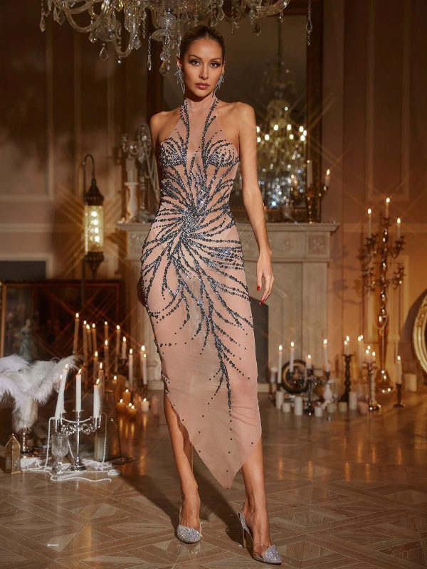 christene high neck rhinestone dress in grey 12