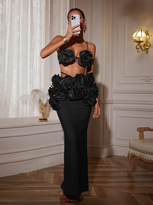 irma flower bandage skirt set in black 500