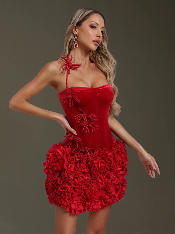 ramla flower velvet ruched mini dress 15