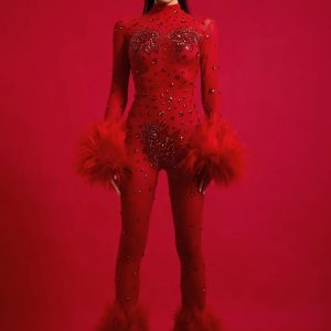 shae feather trimmed rhinestone mesh jumpsuit in red 11 shae feather trimmed rhinestone mesh jumpsuit in red 11