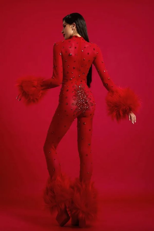 shae feather trimmed rhinestone mesh jumpsuit in red 18