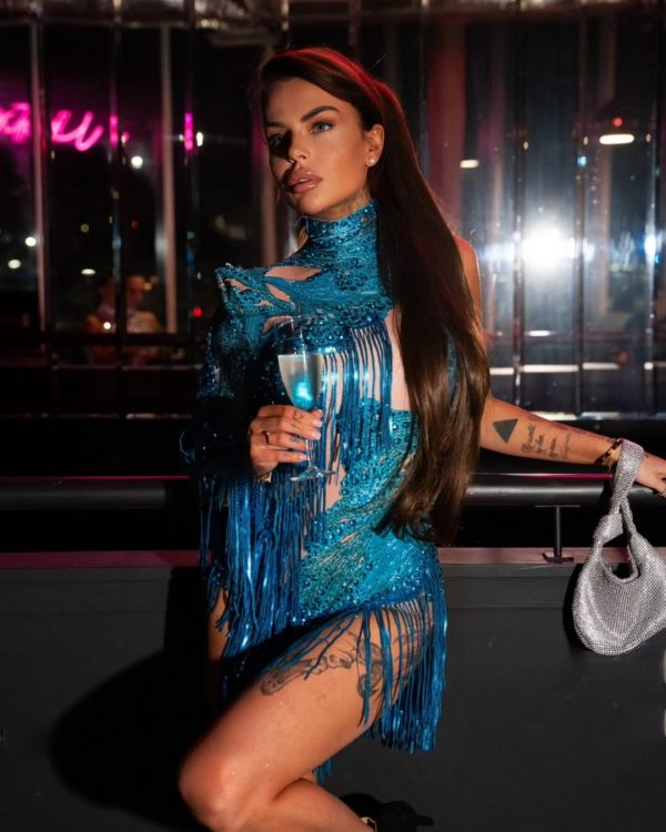 shatora one shoulder rhinestone fringe bodysuit in blue 18