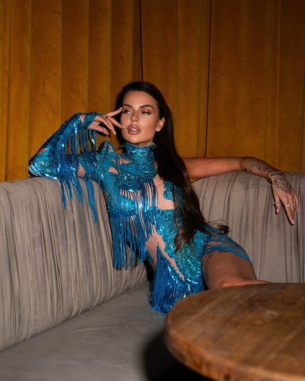 shatora one shoulder rhinestone fringe bodysuit in blue 25