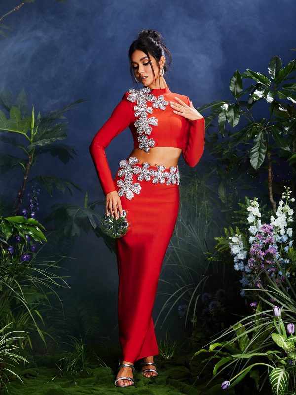 almira strapless flower bandage skirt set in red 12