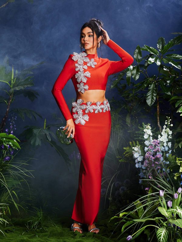 almira strapless flower bandage skirt set in red 14