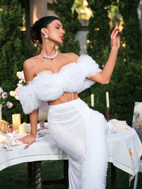 jalynne corset tulle trimmed sequin skirt set in white 13