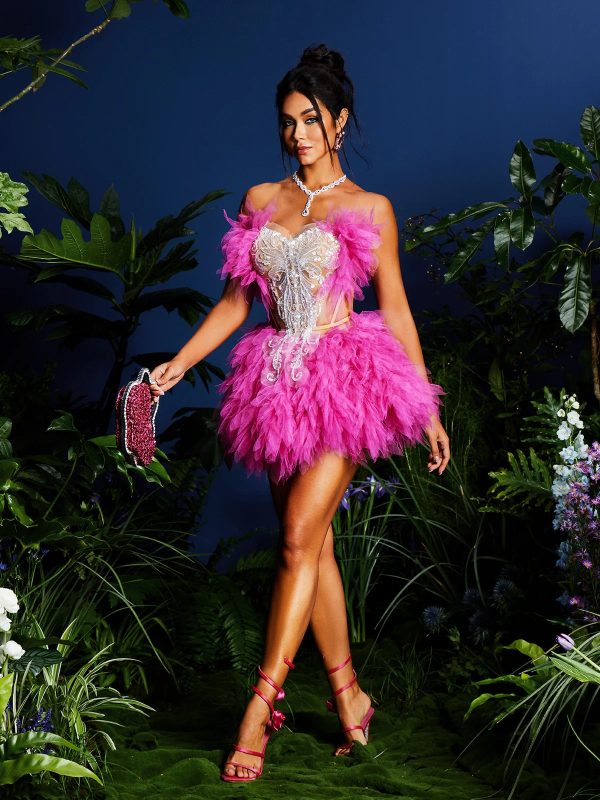 jolleen strapless embellished tulle skirt set in hot pink 12