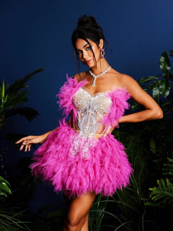 jolleen strapless embellished tulle skirt set in hot pink 14