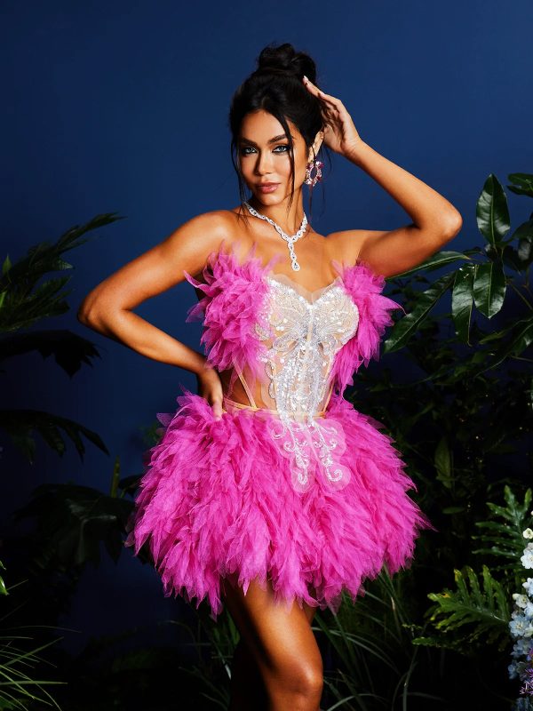 jolleen strapless embellished tulle skirt set in hot pink 15
