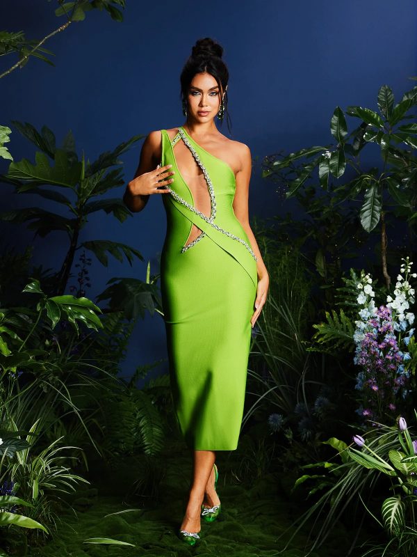 laibah leafy rhinestone cutout bandage midi dress 13