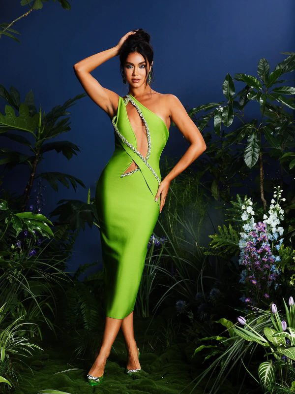 laibah leafy rhinestone cutout bandage midi dress 14
