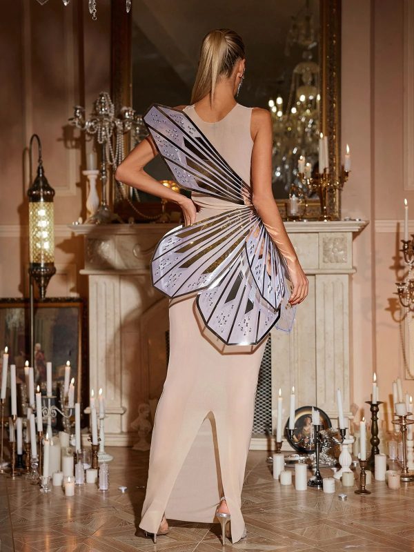 jaidlynn butterfly embellished maxi dress in silver 16