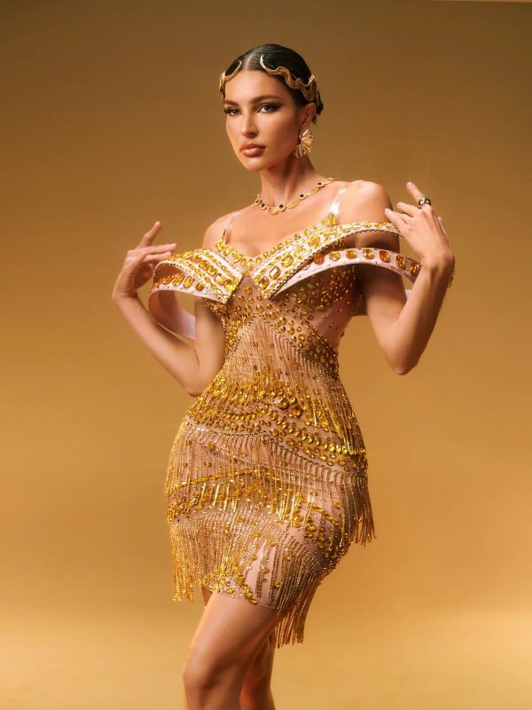 jaimarie off shoulder rhinestone fringe mini dress in gold 12