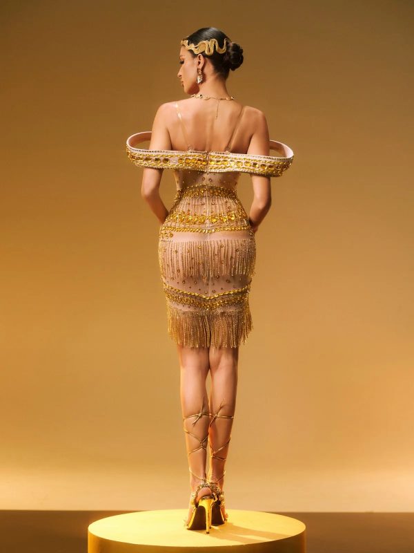 jaimarie off shoulder rhinestone fringe mini dress in gold 16