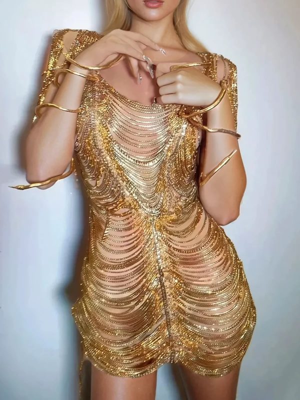 janison diamond chain mesh mini dress in gold 2