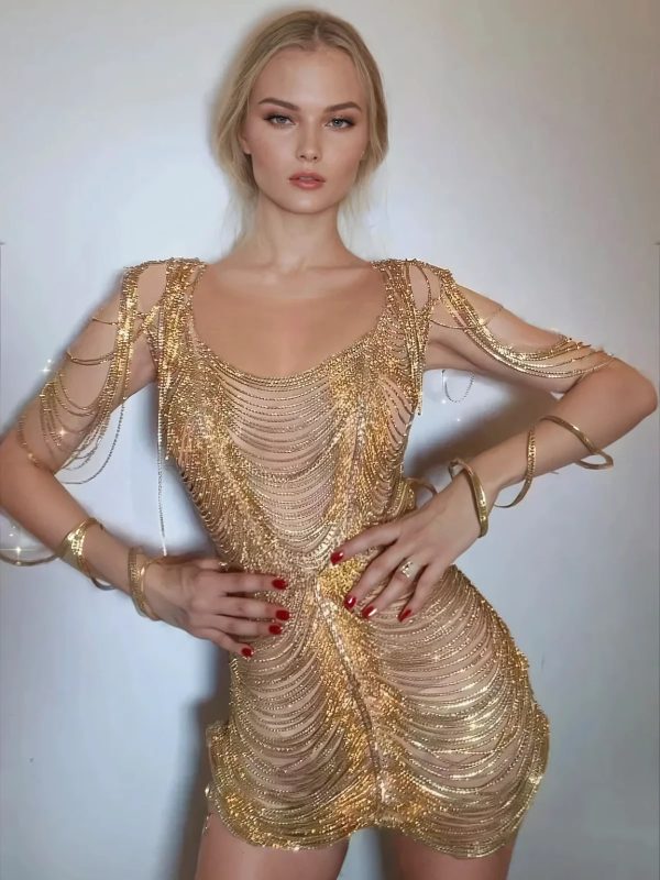janison diamond chain mesh mini dress in gold 4