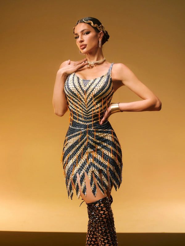 kairos spaghetti rhinestone fringe mini dress 12