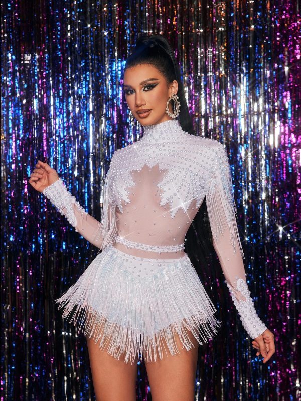 lorvain rhinestone fringe bodysuit in white 13