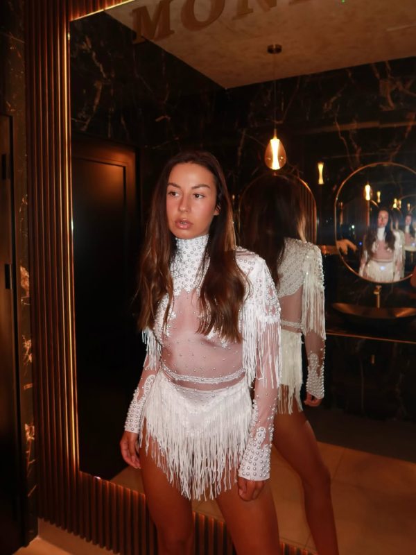 lorvain rhinestone fringe bodysuit in white 17