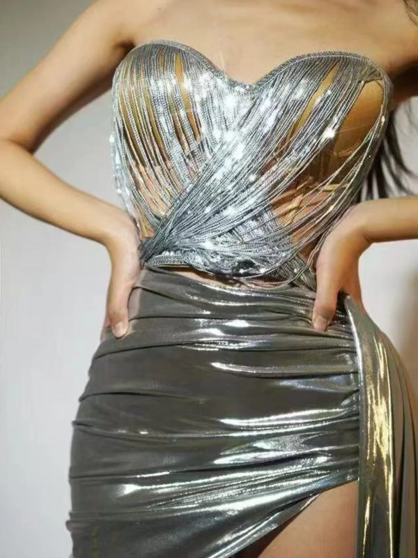 roger sequin fringe skirt set in silver 2