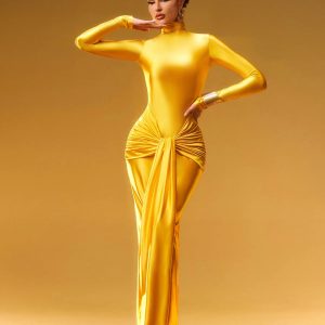 rumaysa long sleeve twisted maxi dress in gold 11