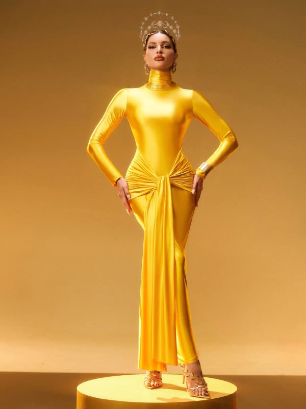 rumaysa long sleeve twisted maxi dress in gold 13
