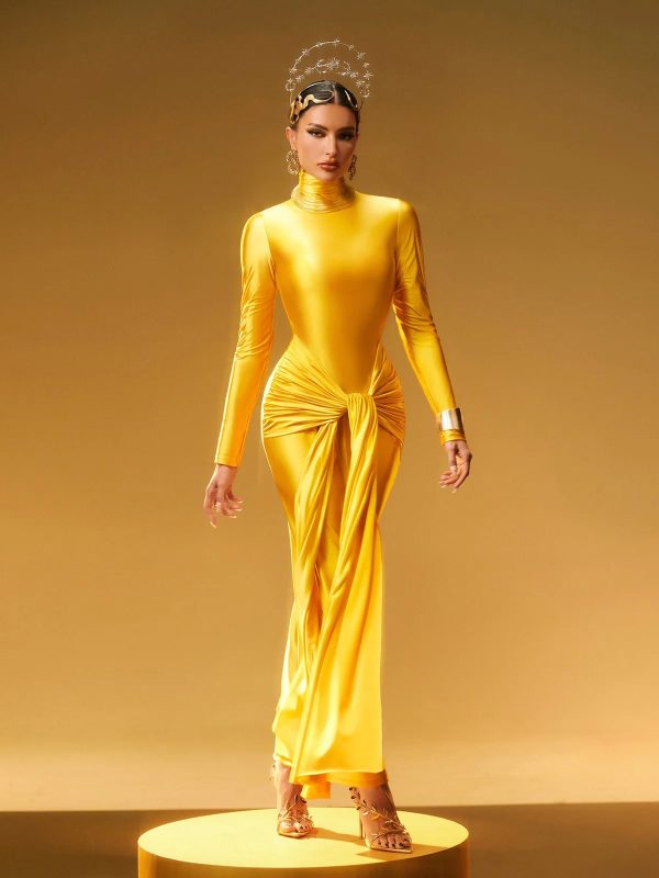 rumaysa long sleeve twisted maxi dress in gold 14
