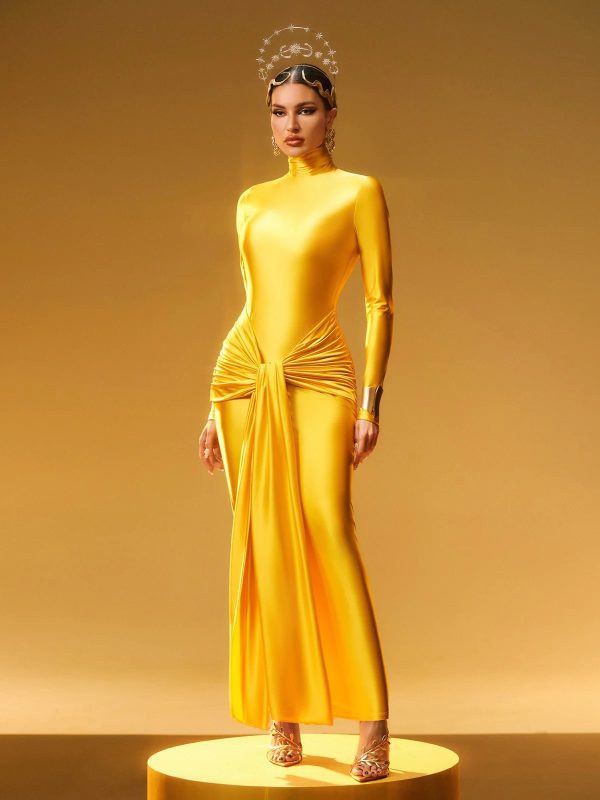 rumaysa long sleeve twisted maxi dress in gold 15