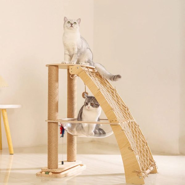 solid wood cat scratching post with space capsule & climbing net 12