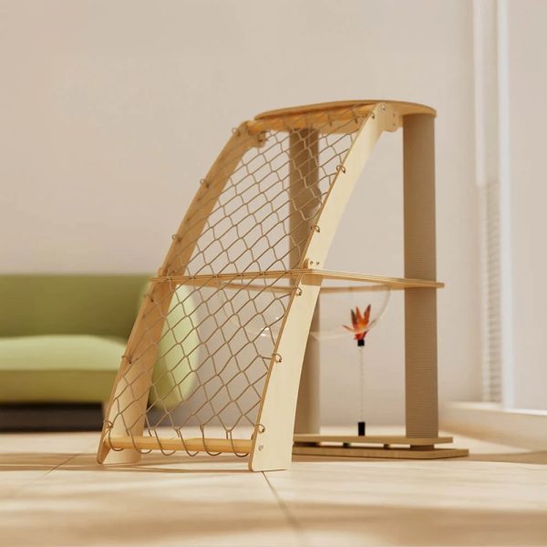 solid wood cat scratching post with space capsule & climbing net 14