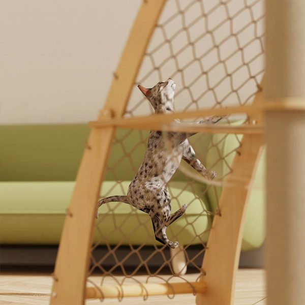 solid wood cat scratching post with space capsule & climbing net 15