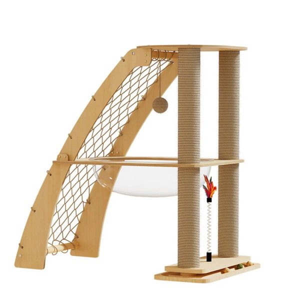 solid wood cat scratching post with space capsule & climbing net 21