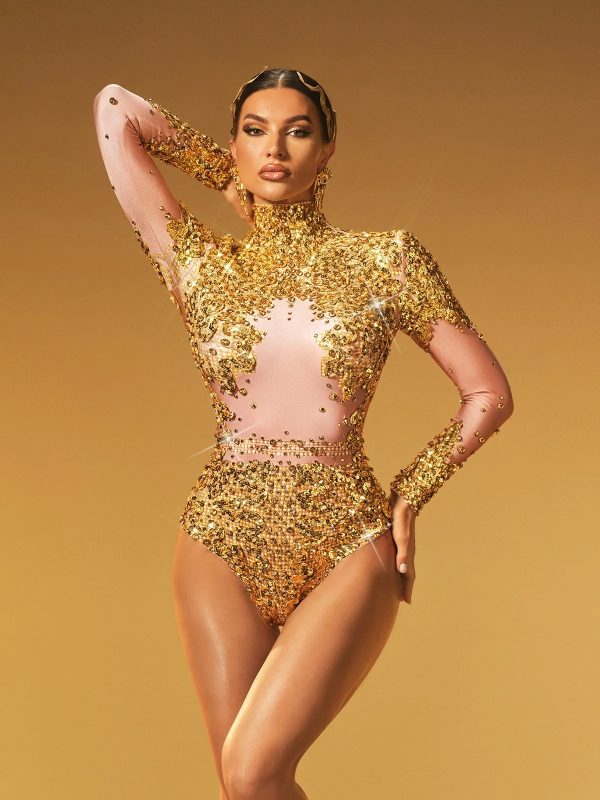 thalorian high neck sequin bodysuit in gold 12