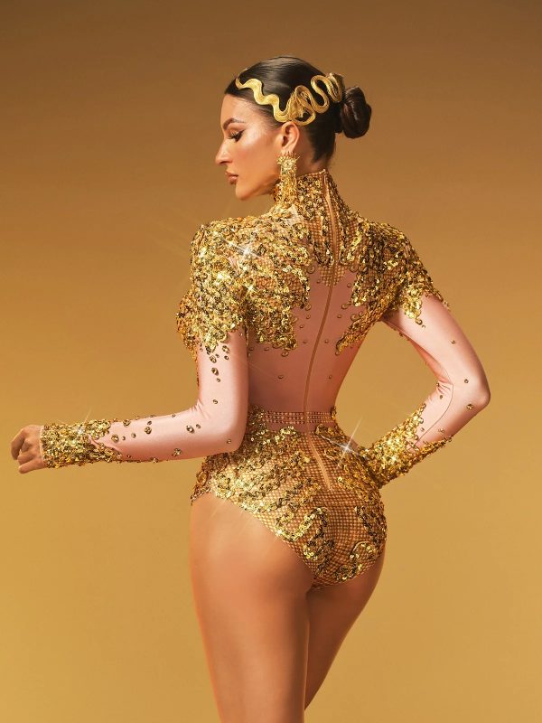 thalorian high neck sequin bodysuit in gold 16