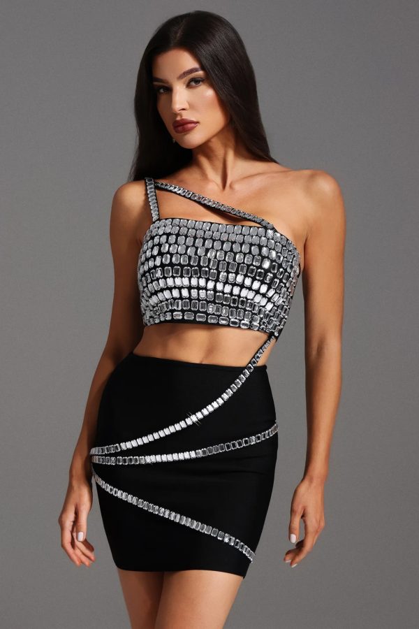 viane one shoulder diamond hollow out bandage mini dress 12