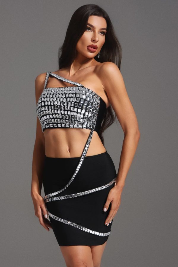 viane one shoulder diamond hollow out bandage mini dress 14