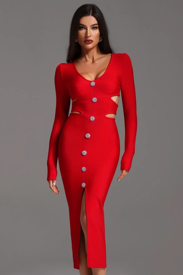 wille v neck long sleeve hollow out bandage midi dress 12