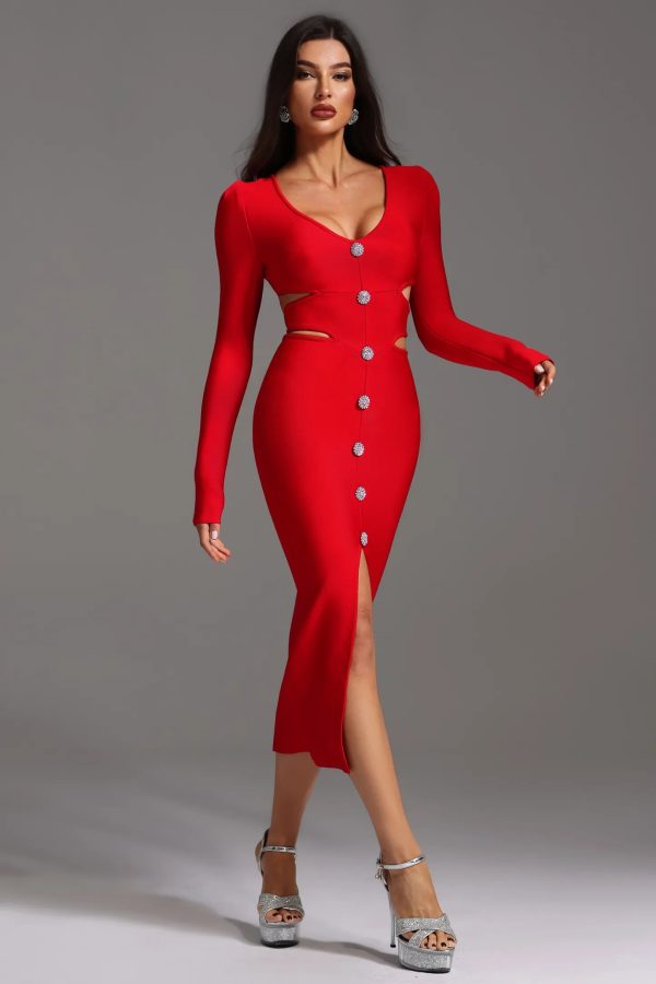 wille v neck long sleeve hollow out bandage midi dress 14