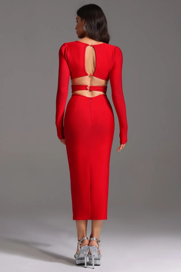 wille v neck long sleeve hollow out bandage midi dress 16