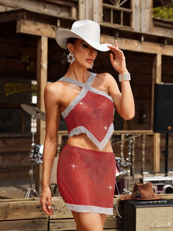glenn crystal chainmail skirt set in red 13